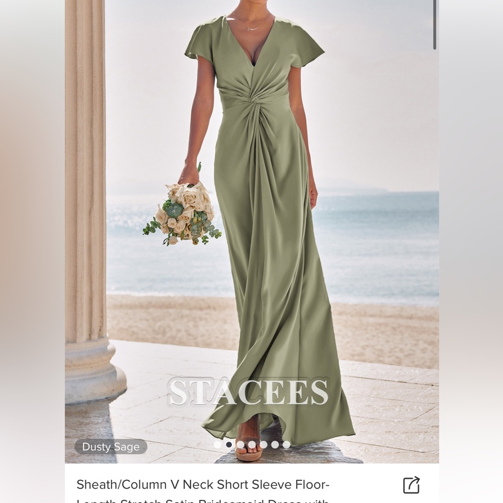 NEW V Neck Short Sleeve Floor-Length Stretch Satin Bridesmaid Dress SIZE 4